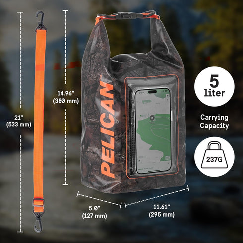 Pelican Marine IP68 Waterproof Dry Bag 5L, Roll Top Backpack with Phone Case for Boating, Kayak, Camping