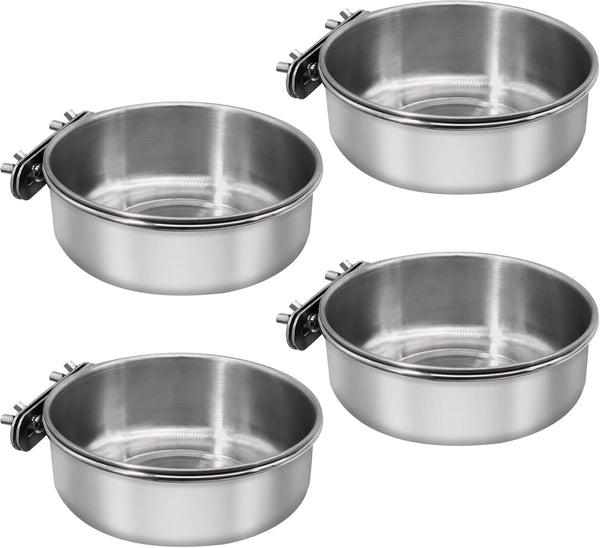 4 Pcs Medium Bird Feeding Dish Cups, Stainless Steel Parrot Food Bowl with Clamp Holder, Birdcage Coop Feeder