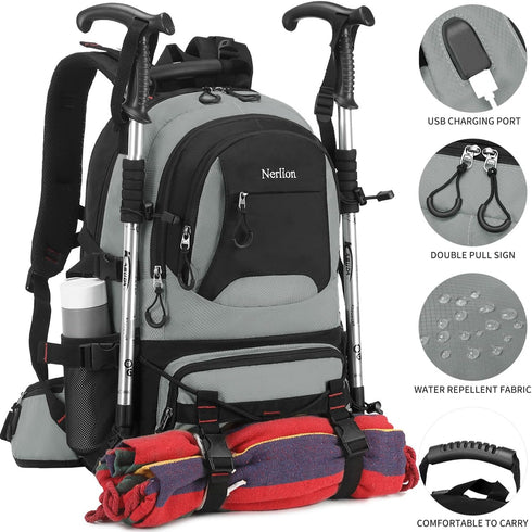 Nerlion 40L Lightweight Hiking Backpack, Waterproof Travel Daypack for Men Women, Outdoor Camping (Light Gray)
