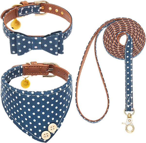 EXPAWLORER Dog Collar and Leash Set, Classic Plaid Bow Tie and Bandana Collar with Bell, Adjustable for Small Medium