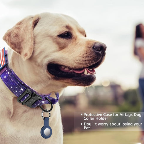 DAGANXI Tactical Dog Collar, Adjustable Military Training Nylon Dog Collar with Control Handle and Heavy Metal Buckle for Medium and Large Dogs, with Patches and Airtags Case (L, Purple sky)