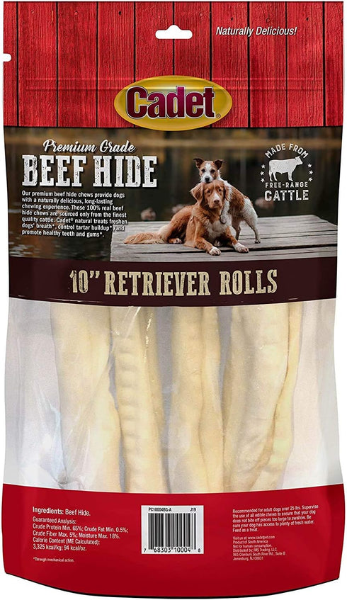 Cadet 3 Pack of Premium Grade Beef Hide Retriever Rolls, 10-Inch Dog Chews Each