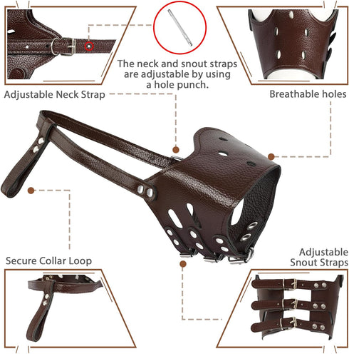 BARKLESS Soft Leather Dog Muzzle for Large Dogs, Secure Anti-Barking Design, Breathable, Adjustable, Allows Drinking