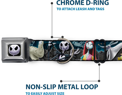 Dog Collar Seatbelt Buckle Nightmare Before Christmas 4 Character Group Cemetery Scene, 16 to 23 Inches, 1.5 Inch Wide