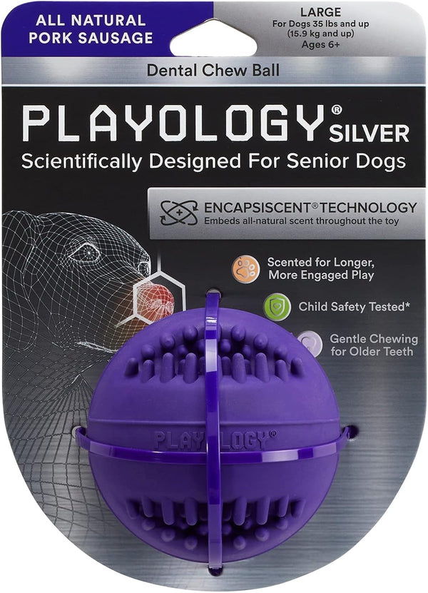 Playology Silver Dental Chew Ball Dog Toy, Large - All-Natural Pork Sausage Scent for Senior Dogs (35lbs+)