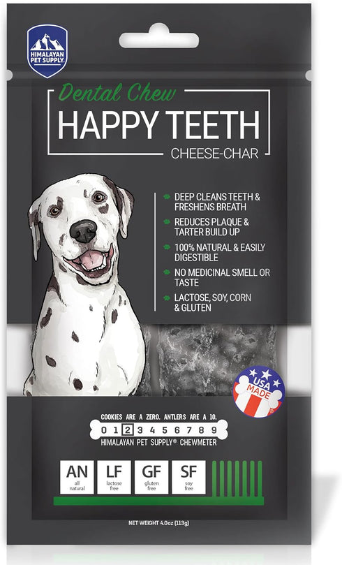 Happy Teeth Cheese & Charcoal Dental Dog Chews - Cheese Flavor with Activated Charcoal, 2 Chews per Pouch