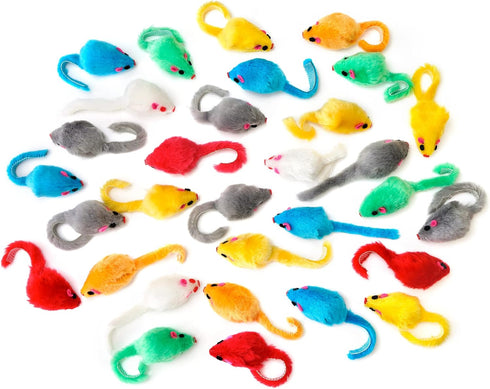 CHIWAVA 60PCS Furry Cat Toy Mice Rattle, Small Mouse Kitten Interactive Play Assorted Colors
