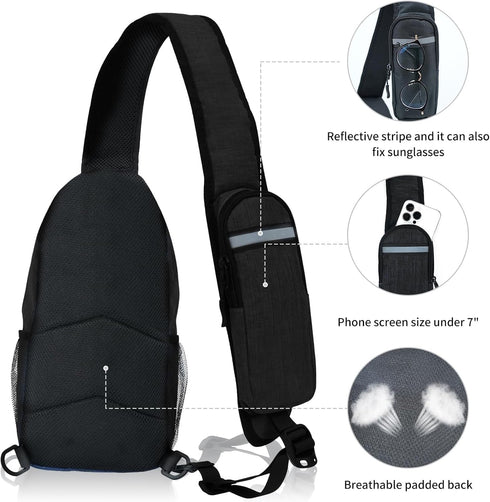 Sling-Bag Crossbody-Bag for Women and Men, Portable Hiking Daypack with Water Bottle Pocket (Black)