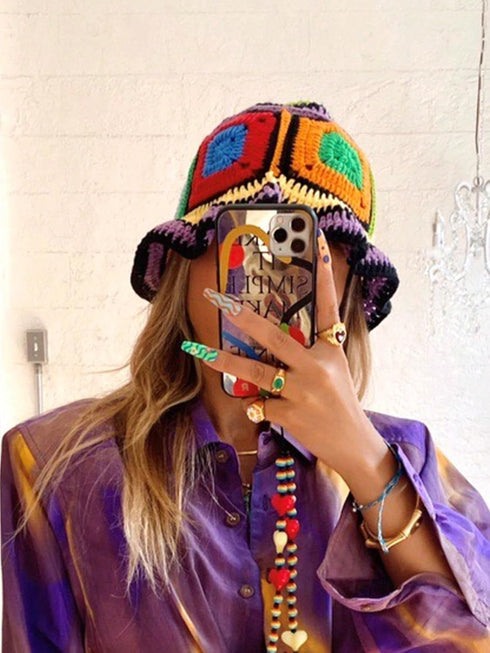 QWINEE Colorblock Crochet Bucket Hat, Foldable Packable Knitted Fishing Hat, Boho Daily Life Beach Hat