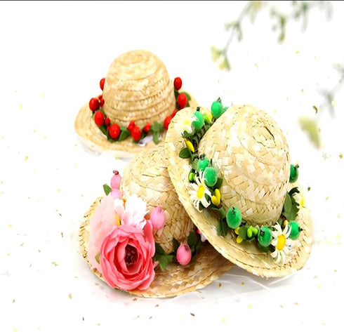 NACOCO Cat Hat Sunflower Straw Hat, Handcrafted Rose Sun Cap Accessories for Small Dogs and Cats (M, Pink)