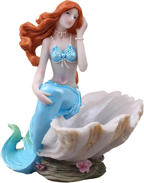 Mermaid Figurines Shell Aquarium Ornament, Resin Mediterranean Style Jewelry Storage Organizer for Girls