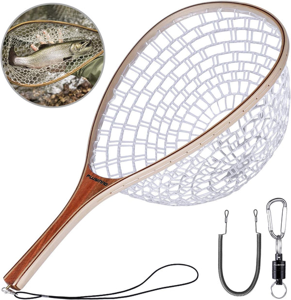 PLUSINNO Fly Fishing Net, Wooden Frame Landing Net with Magnetic Release, Soft Rubber Mesh for Trout Bass Catch