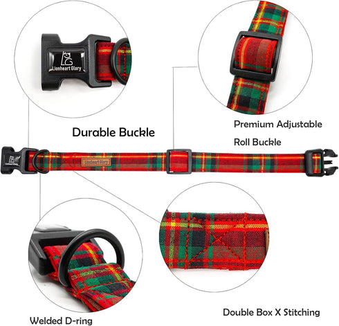 Lionheart Glory Christmas Plaid Dog Collar, Adjustable Soft Dog Collars for Small Medium Large Dogs, Pet Gift Red