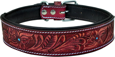 Leather Dog Collar Western Style Heavy Duty Hand Tooled Adjustable Padded for Puppies and Big Dogs