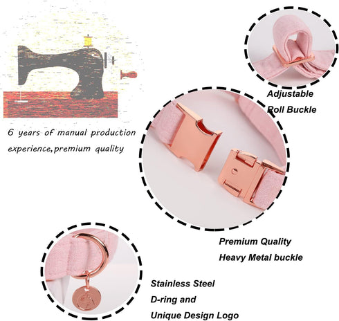 DOGWONG Cotton Dog Collar with Bow, Durable Adjustable Pink Pet Collar for Small Medium Large Dogs