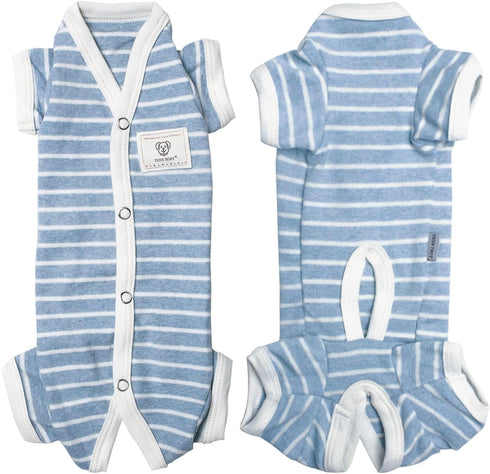 TONY HOBY Stripes 4 Legged Pet Dog Pajamas, Soft Cotton Jumpsuit for Dogs (XL, Blue+White-Boys)