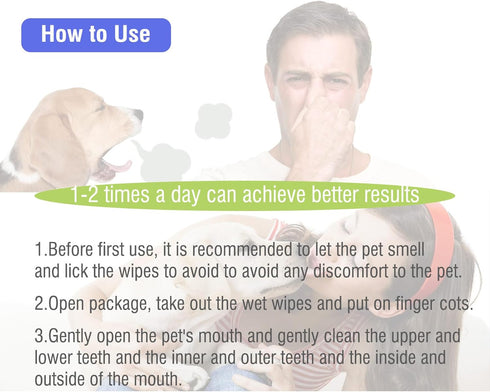 Pet Teeth Cleaning Finger Wipes for Dogs & Cats, No-Rinse Disposable Gentle Cleaning Wipes for Plaque and Tartar, 50
