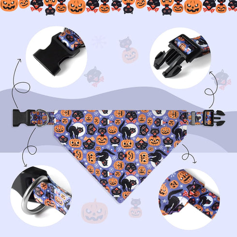 Halloween Dog Collar with Detachable Bandana, Adjustable Soft Pet Collar Set for Small Medium Large Dogs