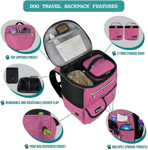 PetAmi Dog Travel Backpack, Airline Approved, Pink - Dog Mom Gift with Food Container & Collapsible Bowls