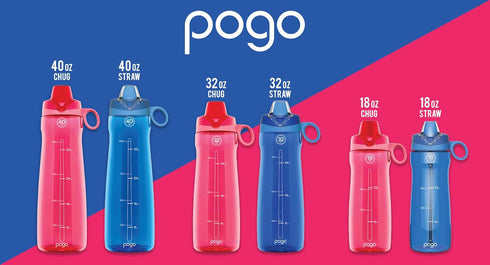 Pogo Plastic Water Bottle with Chug Lid and Carry Handle - Reusable, BPA Free, 18oz, 32oz, 40oz, 64oz