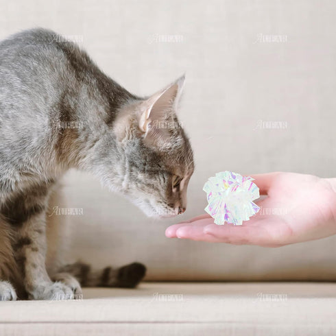 AUEAR 20 Pack Dye Free Cat Crinkle Balls 2" Mylar Sounds Shiny Glitter for Cats