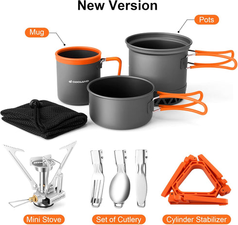 Odoland Camping Pots with Heat Exchanger, Camping Cooking Set with Portable Stove, Mess Kit for Hiking & Picnic