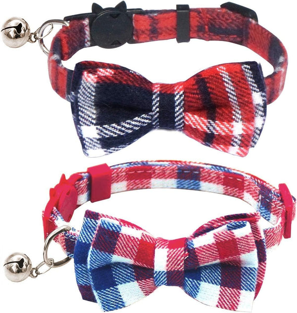KUDES 2 Pack Cat Collar Breakaway - Adjustable Bow Tie and Bell for Kitty and Puppies, 7.8-10.5 Inch