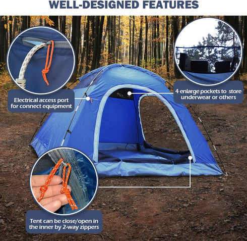 HIKERBRO 3 Person Camping Tent, Small Dome Tent with 2 Upgraded Doors & Half Mesh Ceiling, Waterproof for 2/3/4 Person