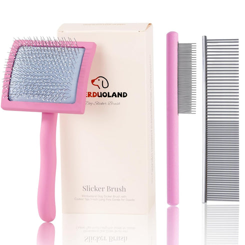 Werduoland Gently Grooming Slicker Brush with Coated Tips for Long-Haired Dogs-Ergonomic Wooden Handle,