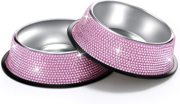SAVORI Bling Dog Bowls - Pink, 640ML Handmade Rhinestones Stainless Steel Pet Bowls, Set of 2