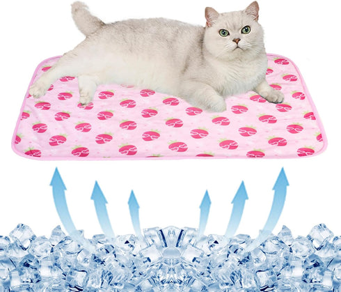 BAMY Cat Cooling Mat, Summer Dog Silk Pad Self Cooling Cushion with Duck Strawberry Pattern (Pink Strawberry, S)