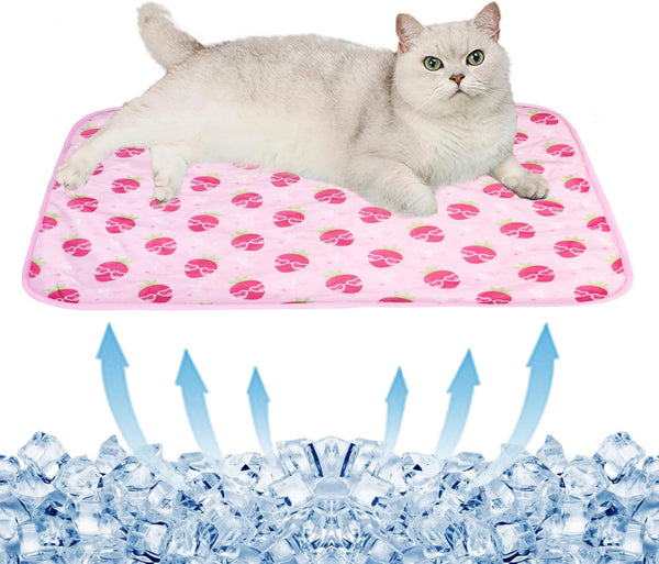 BAMY Cat Cooling Mat, Summer Dog Silk Pad Self Cooling Cushion with Duck Strawberry Pattern (Pink Strawberry, S)