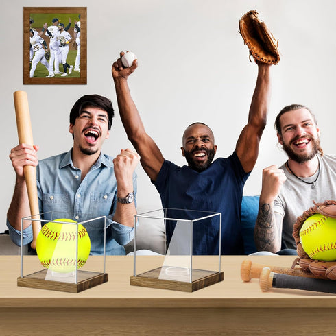 Clear Acrylic Softball Display Case with Wood Base, Memorabilia Stand Cube Holder, Dust Protection Transparent Storage