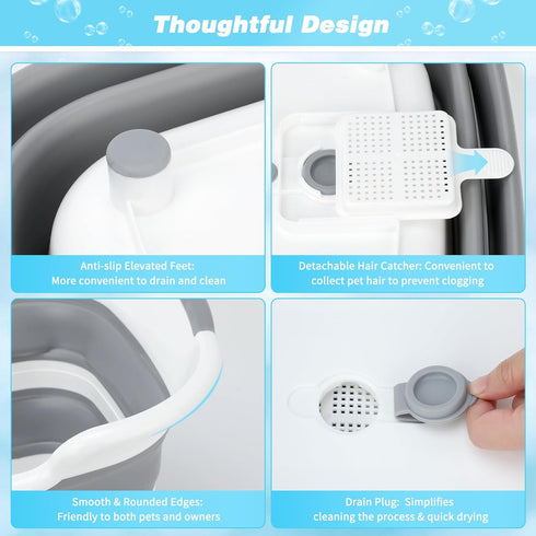 7.13 Gal/27L FHTONGE Raised Collapsible Dog Bathtub with Drain Hair Catcher, Multifunctional Pet Washtub for Small to M