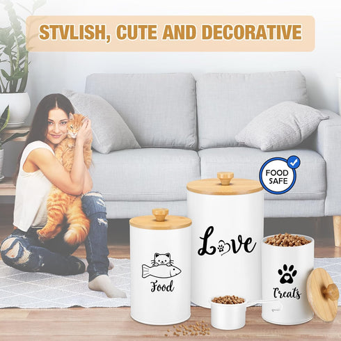 Reallnaive Set 3 Counter(White) Metal Airtight Cat Treat Container of with Bamboo Lids and Spoon Cat Food Storage