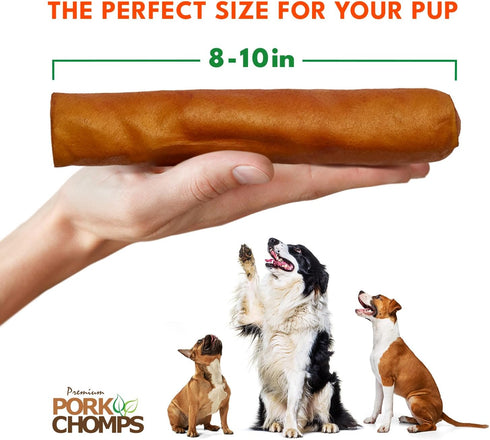8 Inch 1 Count Pork Chomps Roasted Pork Skin Dog Chew, Roll, - Long-Lasting Treats for Dogs - High Protein