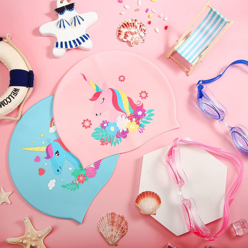 Geyoga 2 Set Swim Cap Kids Unicorn Silicone Waterproof, 2 Swim Caps with 2 Goggles for Kids at Beach Pool
