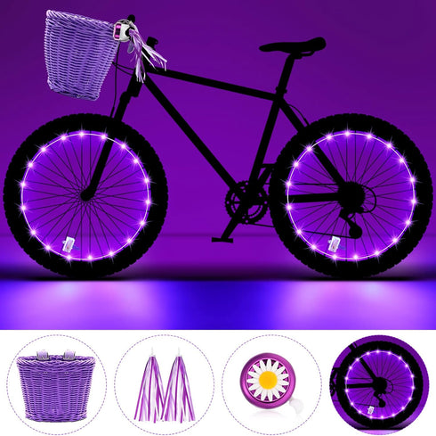 Kid's Bicycle Basket Streamers Set, Children's Wicker Basket with 2 LED Wheel Lights, Daisy Bike Bell
