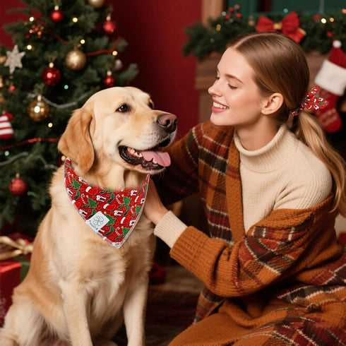 Set E-Clover Christmas Dog Bandanas & Matching Scrunchie Green Red Dog Scarf Bibs Pet Bandana with Bow Tie for Medium
