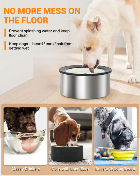 No Spill Water Bowl for Dogs, 2L Large Stainless Steel Slow Drinking Dish, Spilling Proof for Messy Drinkers