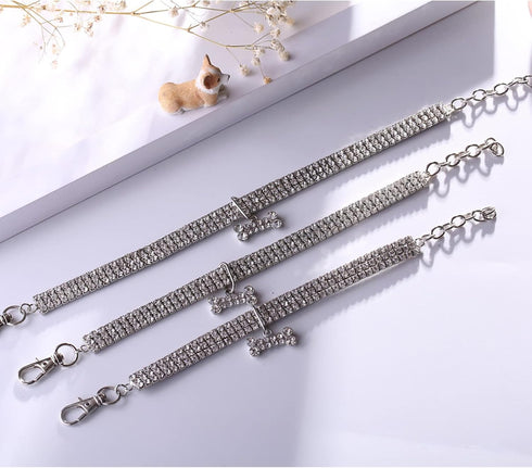 Rhinestone Pet Collar - Sparkling 3 Rows Crystal Diamond Adjustable Wedding Collar - Puppy Girl Bling Necklace for Pets