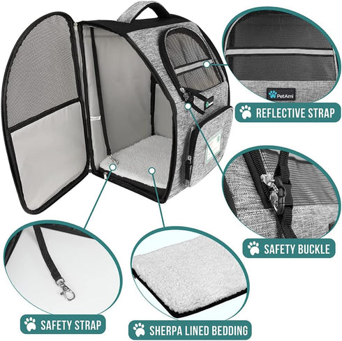 PetAmi Dog Backpack Carrier for Small Large Cats, Airline Approved, Ventilated Hiking Bag, Up to 18lbs, Grey