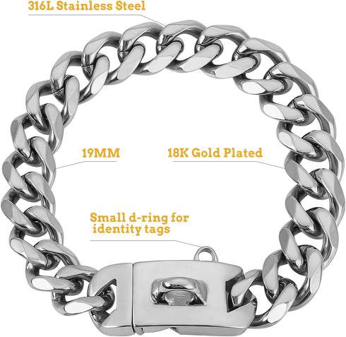 BAOBOTE 19mm Silver Chain Dog Collar, Luxurious Silver Cuban Link with Secure Snap Buckle for Large Pitbulls (12"