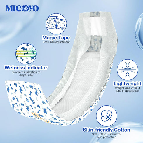 50Counts) MICOOYO Dog Diapers Male Disposable Super Absorbent Male Dog Wraps Lighter Dogs Diaper Leakproof Puppy
