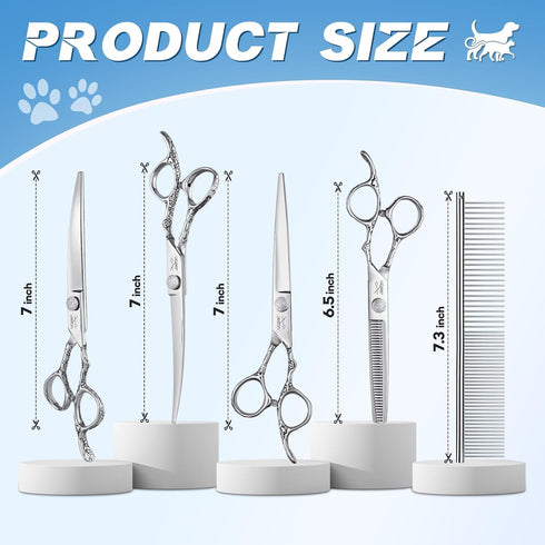 6 1 Set 6.5" 7" 7" 7" JASON Dog Grooming Scissors Kit, Professional in Dog Scissors - Thinning, Straight, Up-Curved