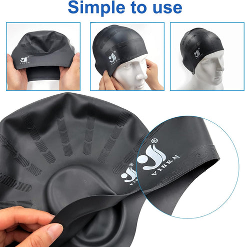 Unisex Swim Caps, 2 Pack Silicone Swimming Caps for Short/Long Hair with Ear Plugs & Nose Clip