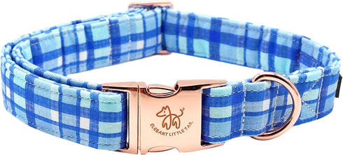 Elegant Little Tail Dog Collar, Blue Plaid Pattern Durable Adjustable Collar for Large Dogs, Cute Pet Gift