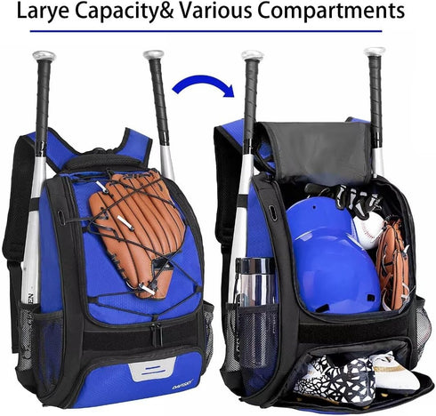 Youth Baseball Backpack Bag with Shoes Compartment, Bat Holder & Fence Hook for Softball & T-Ball Gear
