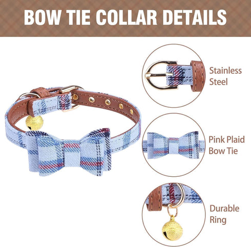 KOOLTAIL Dog Collar and Leash Set, Adjustable Soft Leather Puppy Collar with Bow Tie & Bell for Small Medium Dogs, Blue