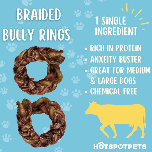 hotspot pets Braided Bully Stick Rings for Dogs - Premium All Natural Long Twisted Beef Pizzle Chew Treats
